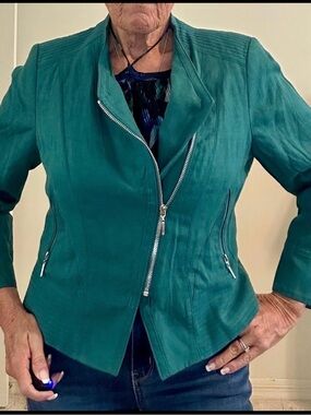White House Black Market Teal Zip-Front Linen Blend Moto Jacket 8 LN